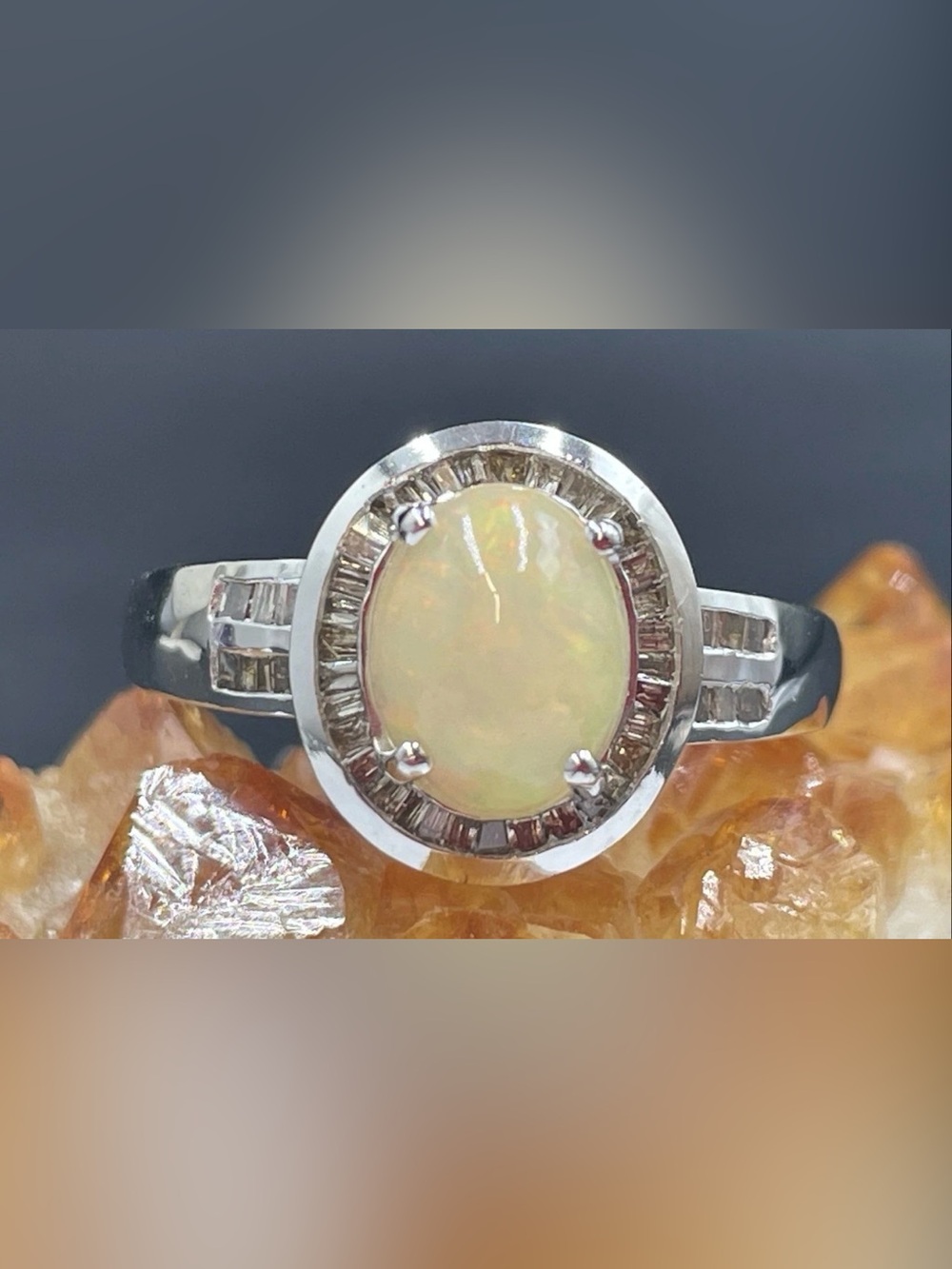 D'Joy Sterling Silver size 7 Opal Ring W/ Daimond